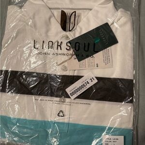 Linksoul White Polo with Black and Teal Stripes